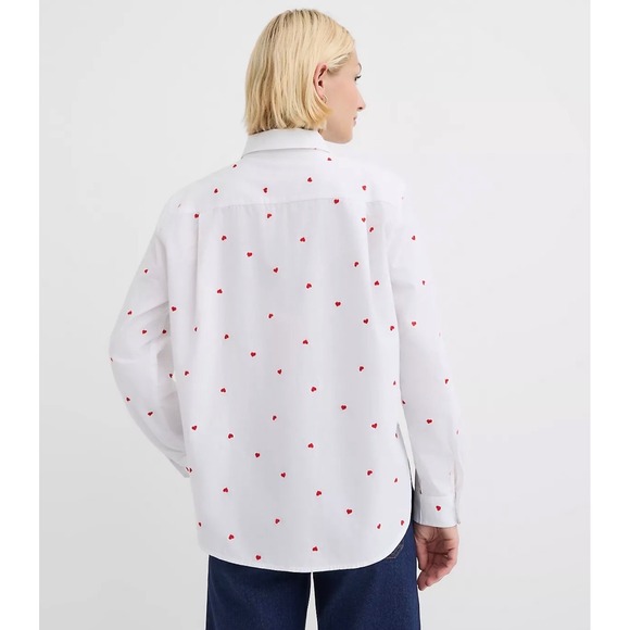LOFT Womens White Dobby Heart Embroidered Button Down Shirt Size M Red Hearts - Picture 2 of 12